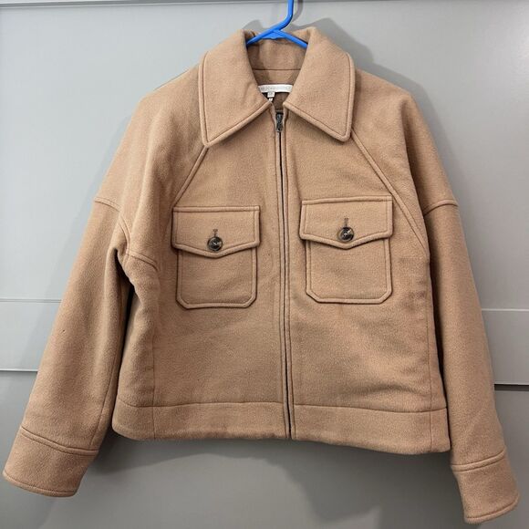 NAKED CASHMERE Wool Jacket  Women Small Tan Cropped Full Zip Pocket Neutral $495 - Picture 1 of 16